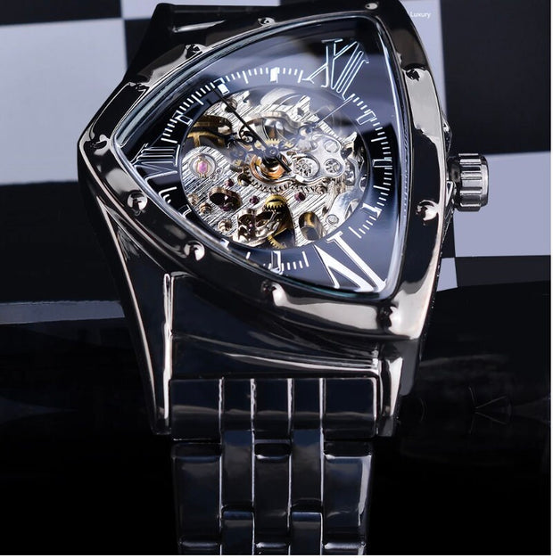 Duncougar Triangle Skeleton Black Automatic Watch Stainless Steel Men Business Sport Irregular Mechanical Wristwatch