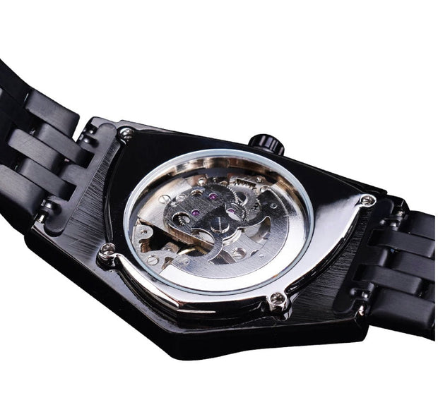 Duncougar Triangle Skeleton Black Automatic Watch Stainless Steel Men Business Sport Irregular Mechanical Wristwatch